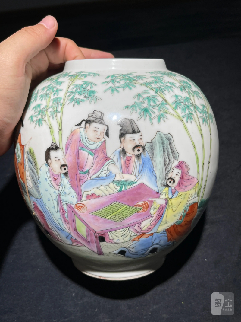 民国 粉彩竹林七贤纹皮灯一对 - 图2